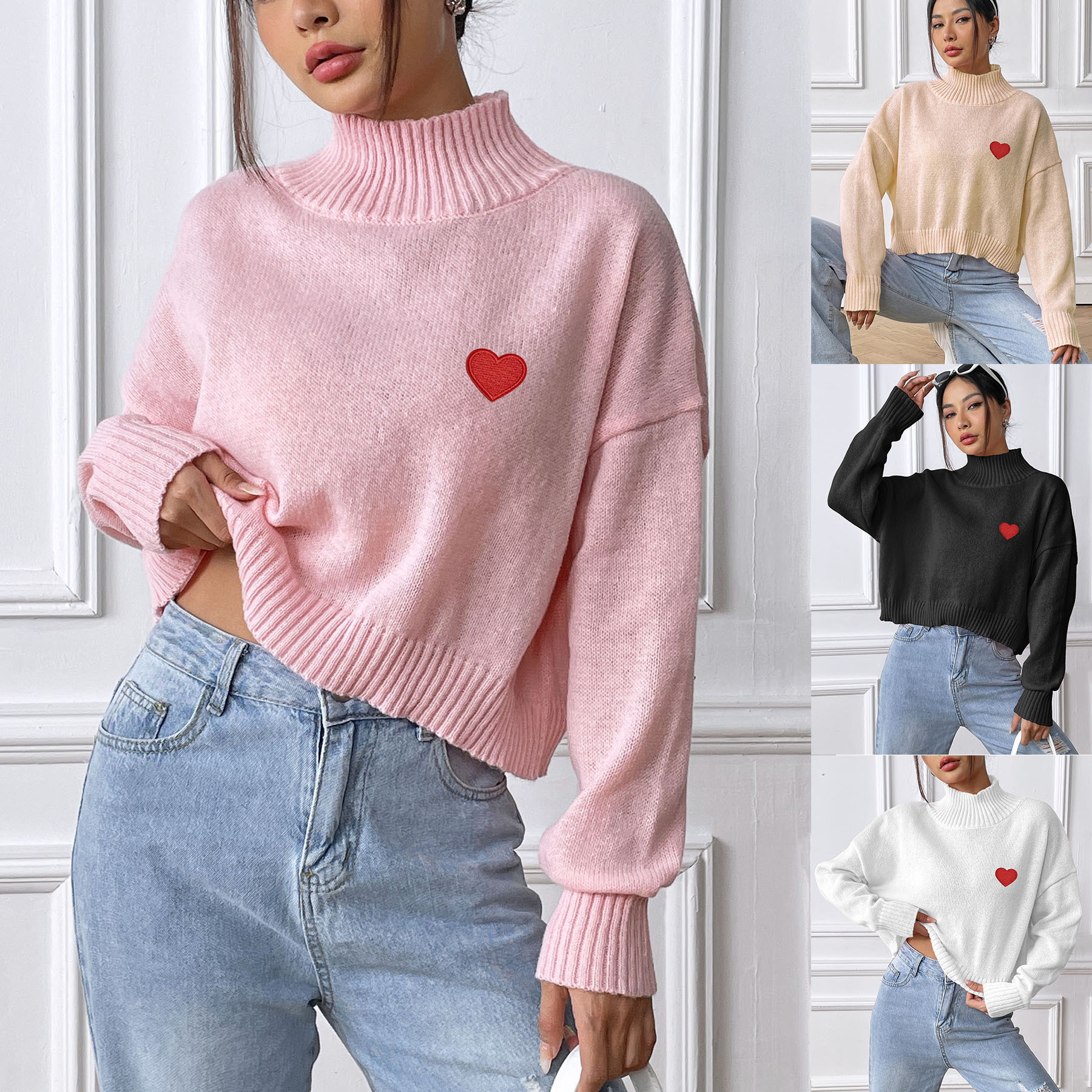 Women's Cropped Turtleneck Sweater with Heart Patch