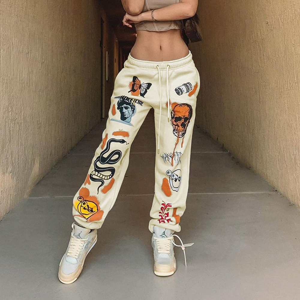 Halloween Streetwear Multi-Pattern Print Lace-Up Thick Warm Casual Pants