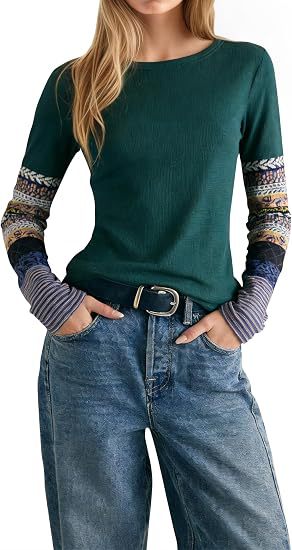 Bohemian Colorblock Sleeve Knit Top – Vintage Pattern Slim Long-Sleeve Crewneck T-Shirt