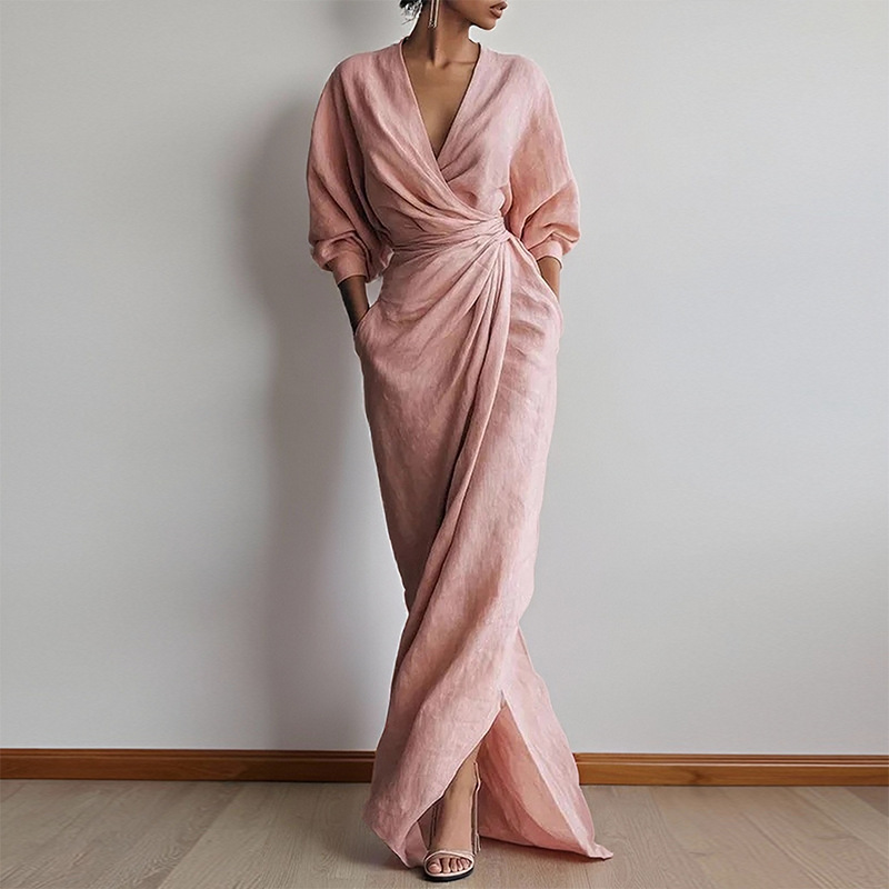 Women's Elegant Solid Cross V-Neck Long Sleeve Slim Waist Midi Dress