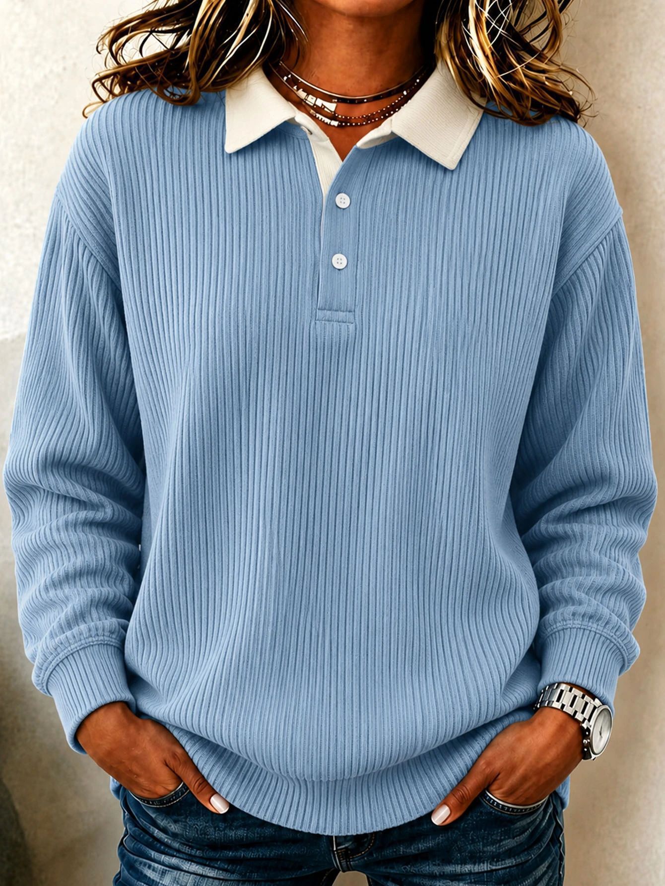 Women's Ribbed Knit Collared Long Sleeve Top
