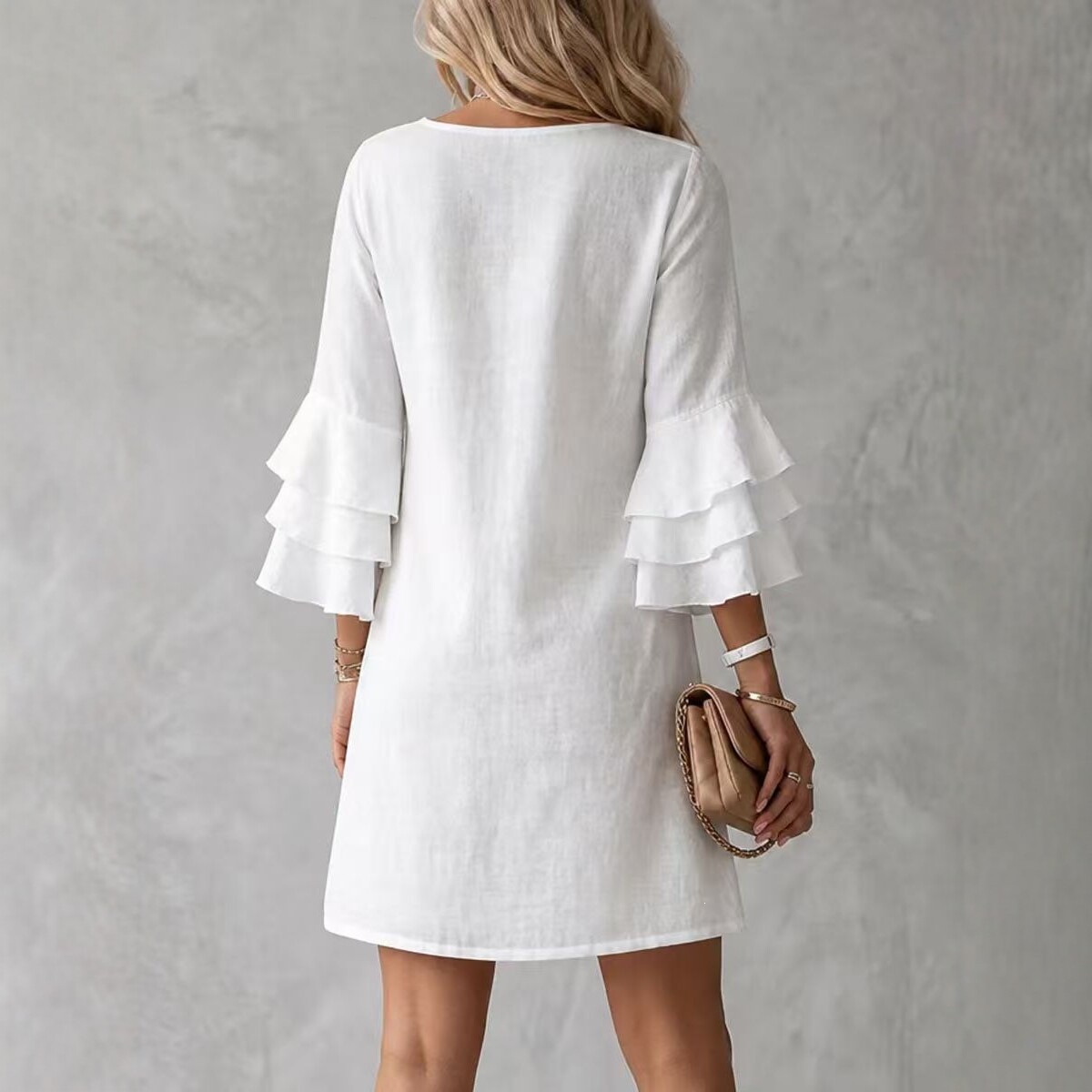 V-Neck Cotton-Linen Dress with Ruffle Sleeves