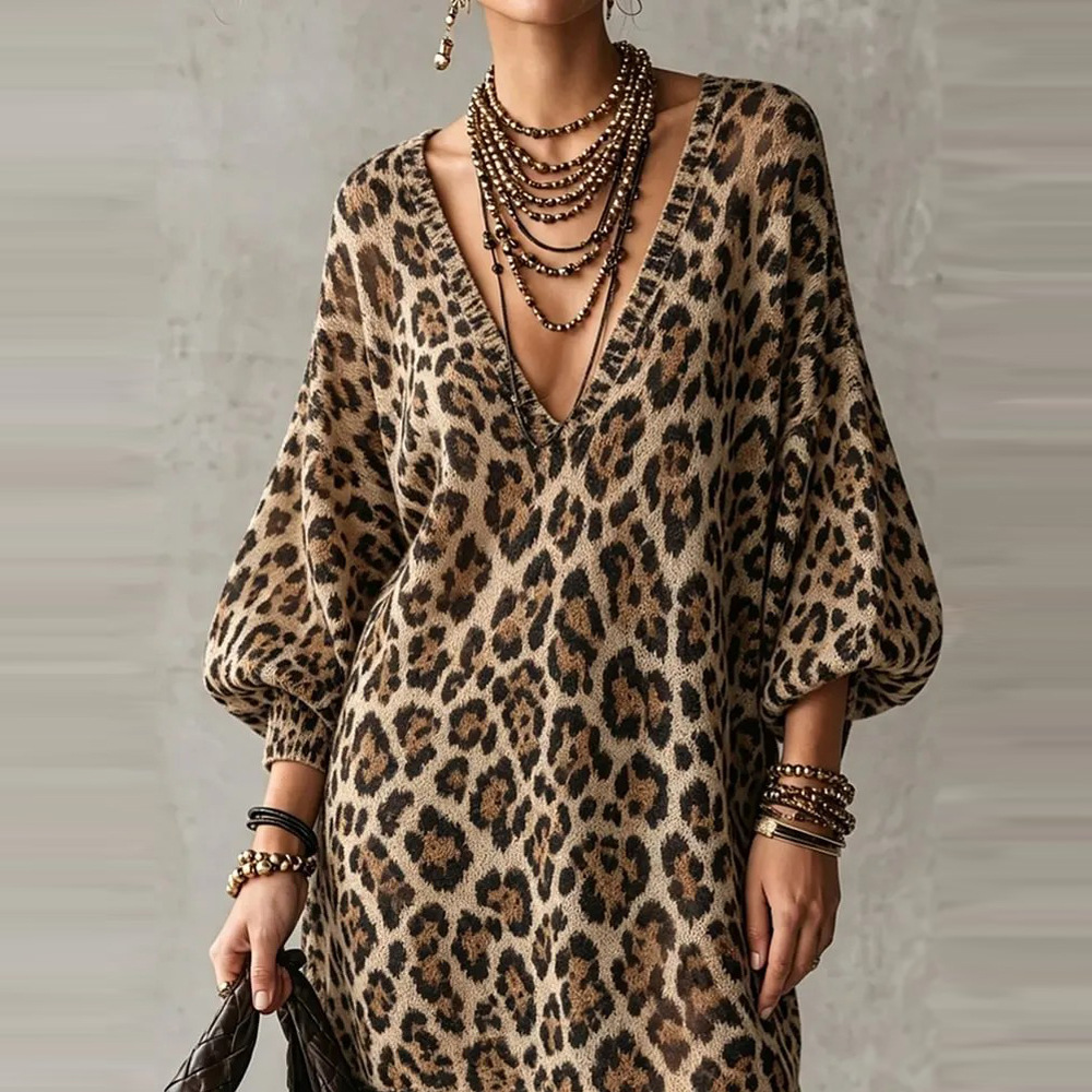 Deep V-Neck Leopard Lace Panel Bodycon Dress