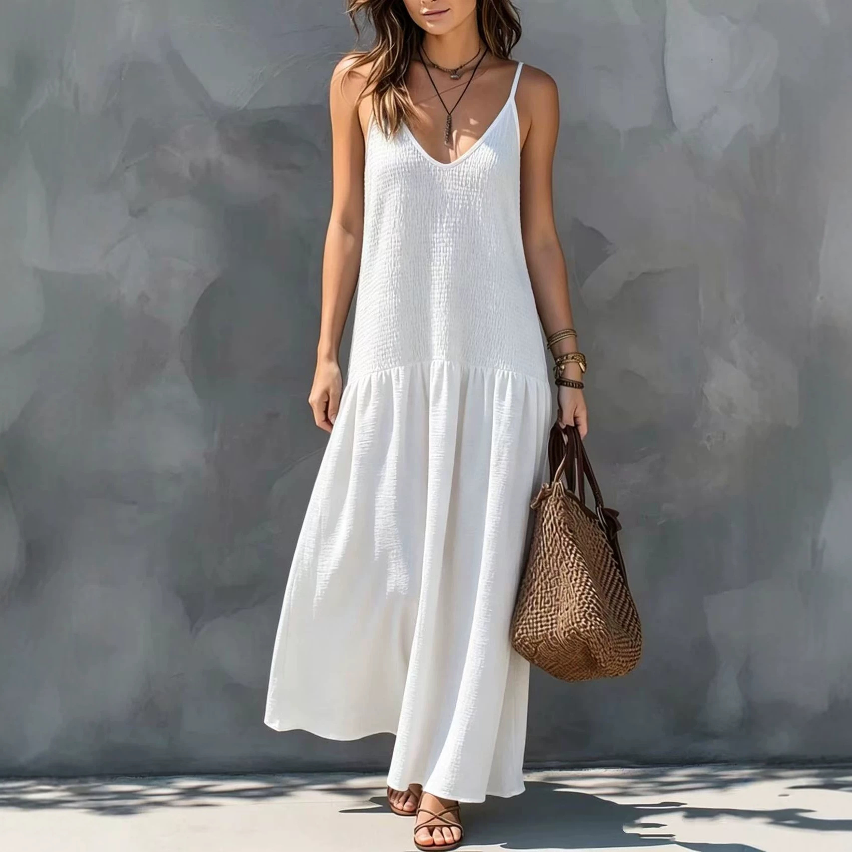 Retro Bohemian Open-Back Smocked Sleeveless Long Vacation Dress