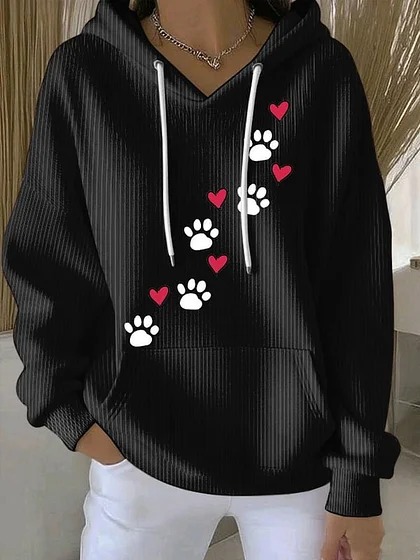 Women's Dog Paw Print Letter Hoodie Long Sleeve Pullover