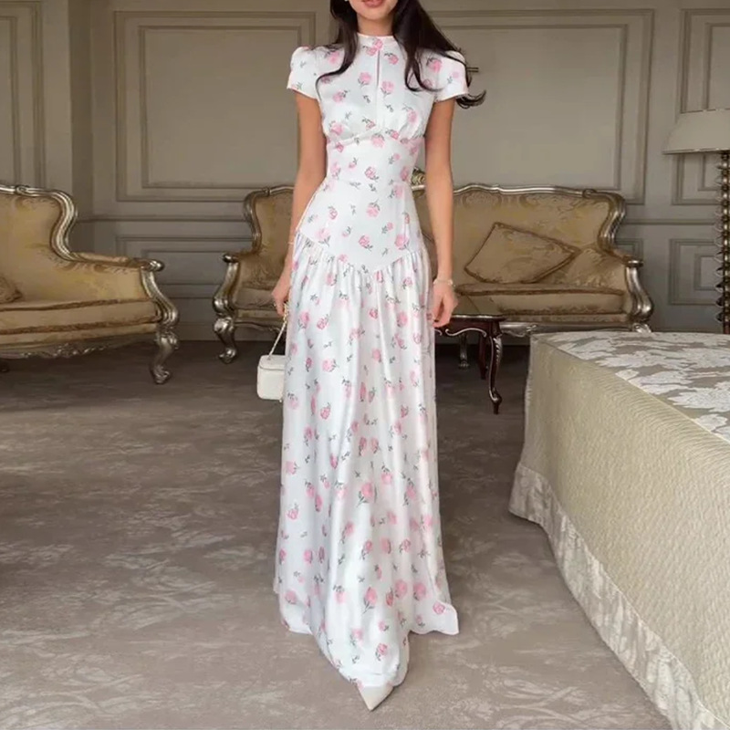 Floral Print Patchwork Slim-Fit Long Dress