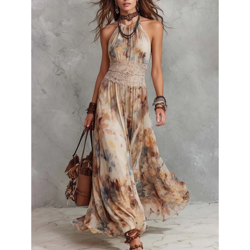 Women's Vintage Oil Painting Floral Sleeveless Midi Dress with Waist