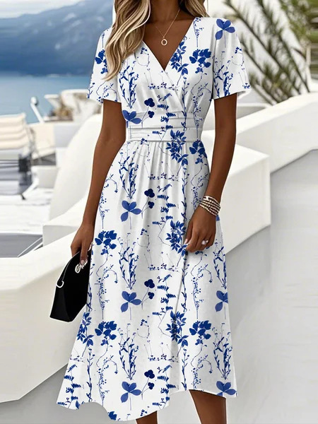3D Vintage Floral Short Sleeve V-Neck Midi Dress with Flared Skirt