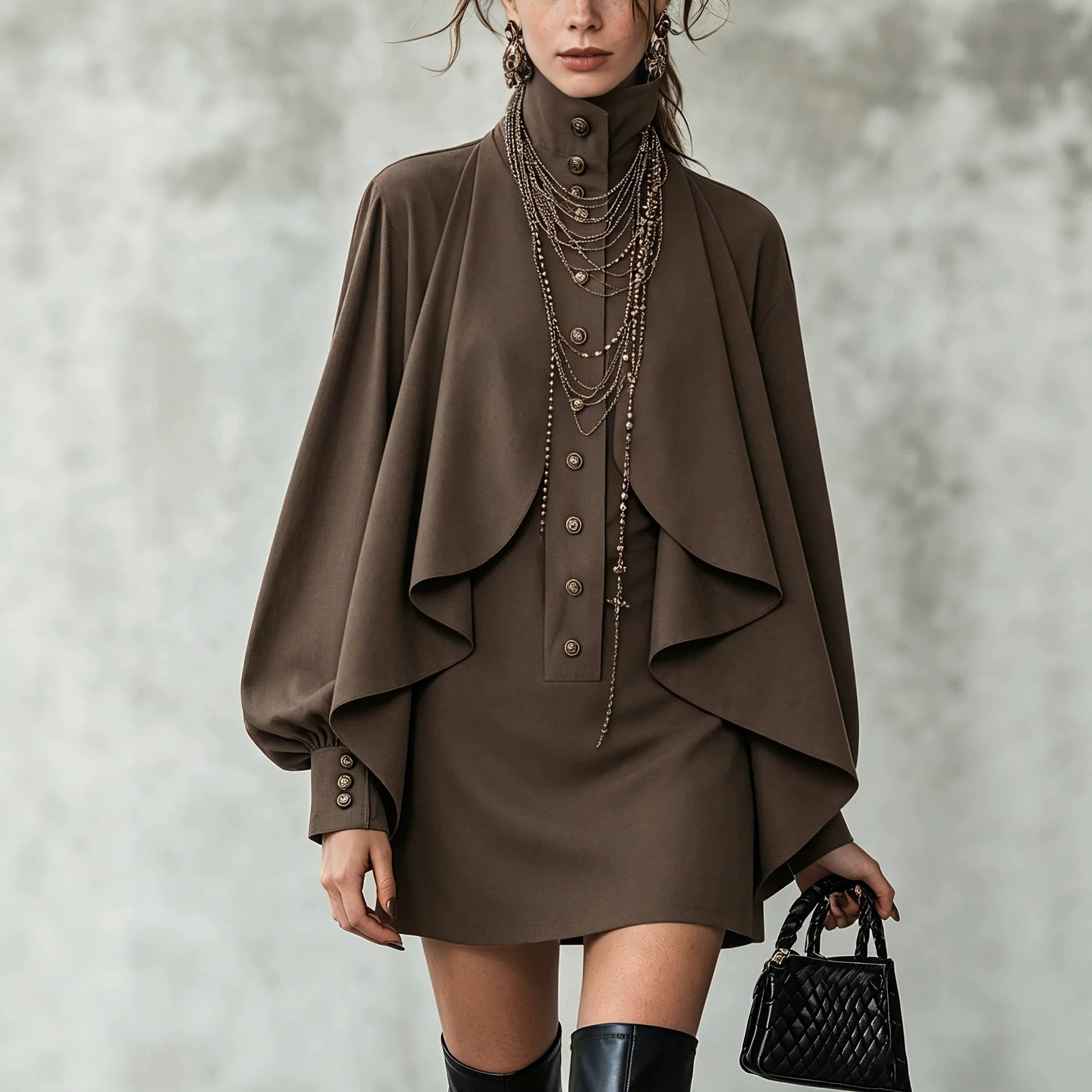 Dark Brown Stand-Collar Cape-Sleeve Shirt Dress with Metal Buttons, Bodycon Mini