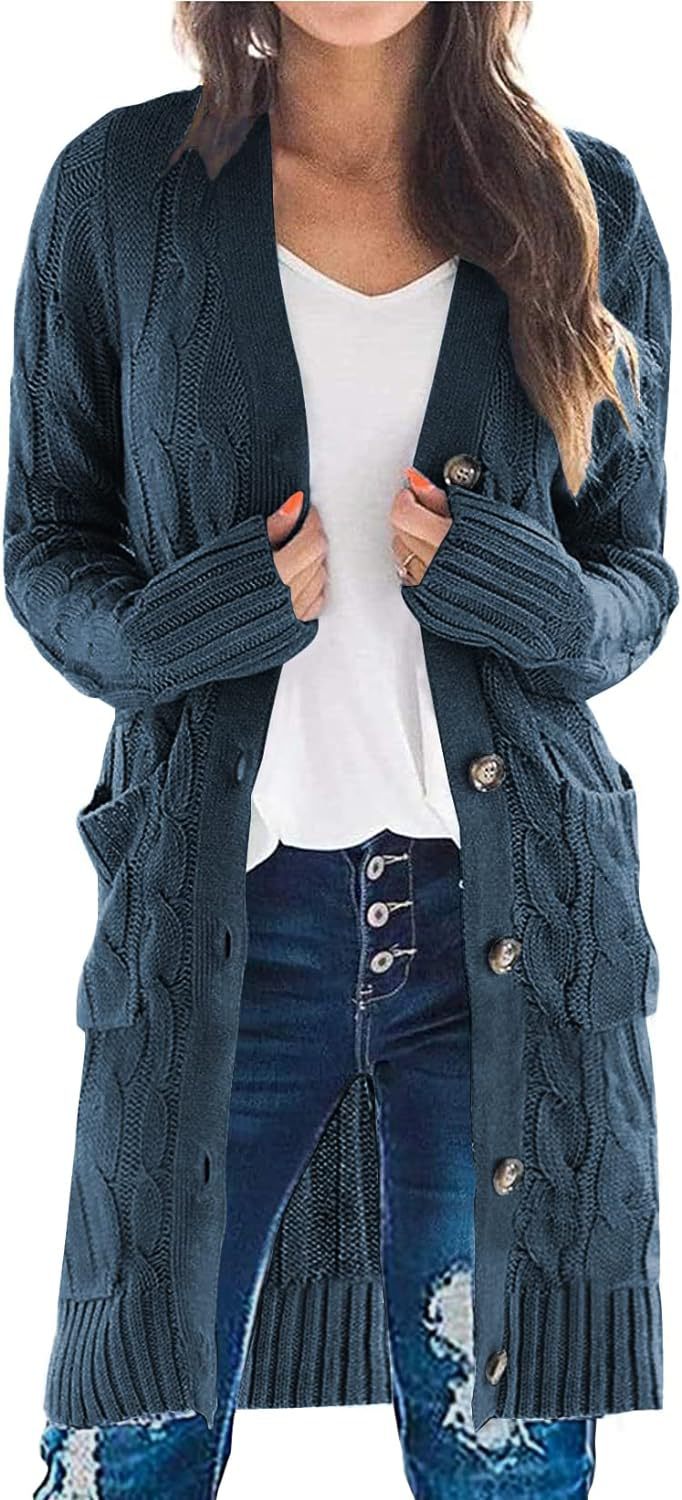 Solid Cable-Knit Long Cardigan with Pockets