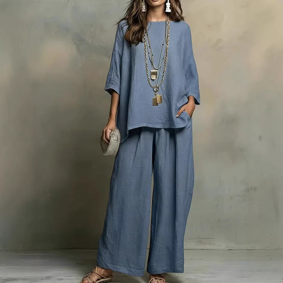 Women's Cotton-Linen Blend Shirt & Wide-Leg Pants Set