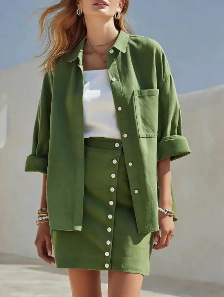 Women's Collared Long Sleeve Shirt and Button Skirt Linen-Blend Two-Piece Set
