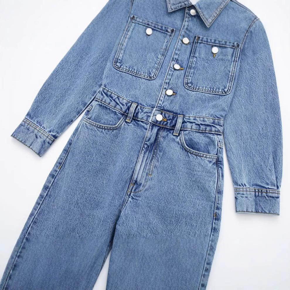 Women's Denim Jumpsuit with Blazer Collar and Waist Belt