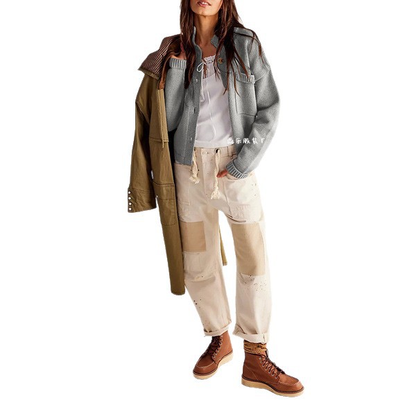 Women's Stand Collar Solid Knit Cardigan Sweater