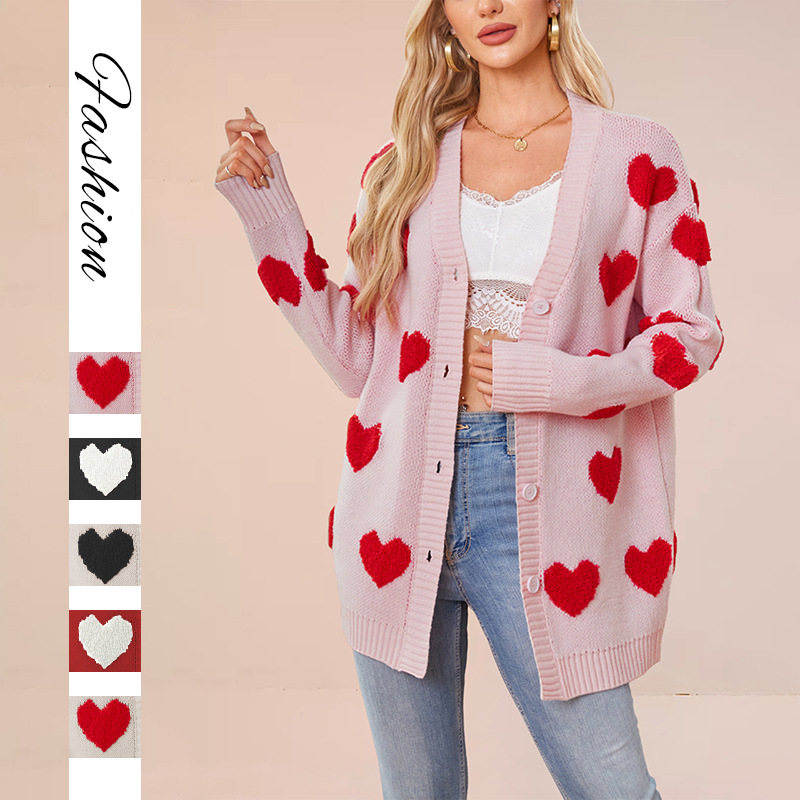 Heart Jacquard Knit Cardigan V-Neck Button Midi Length