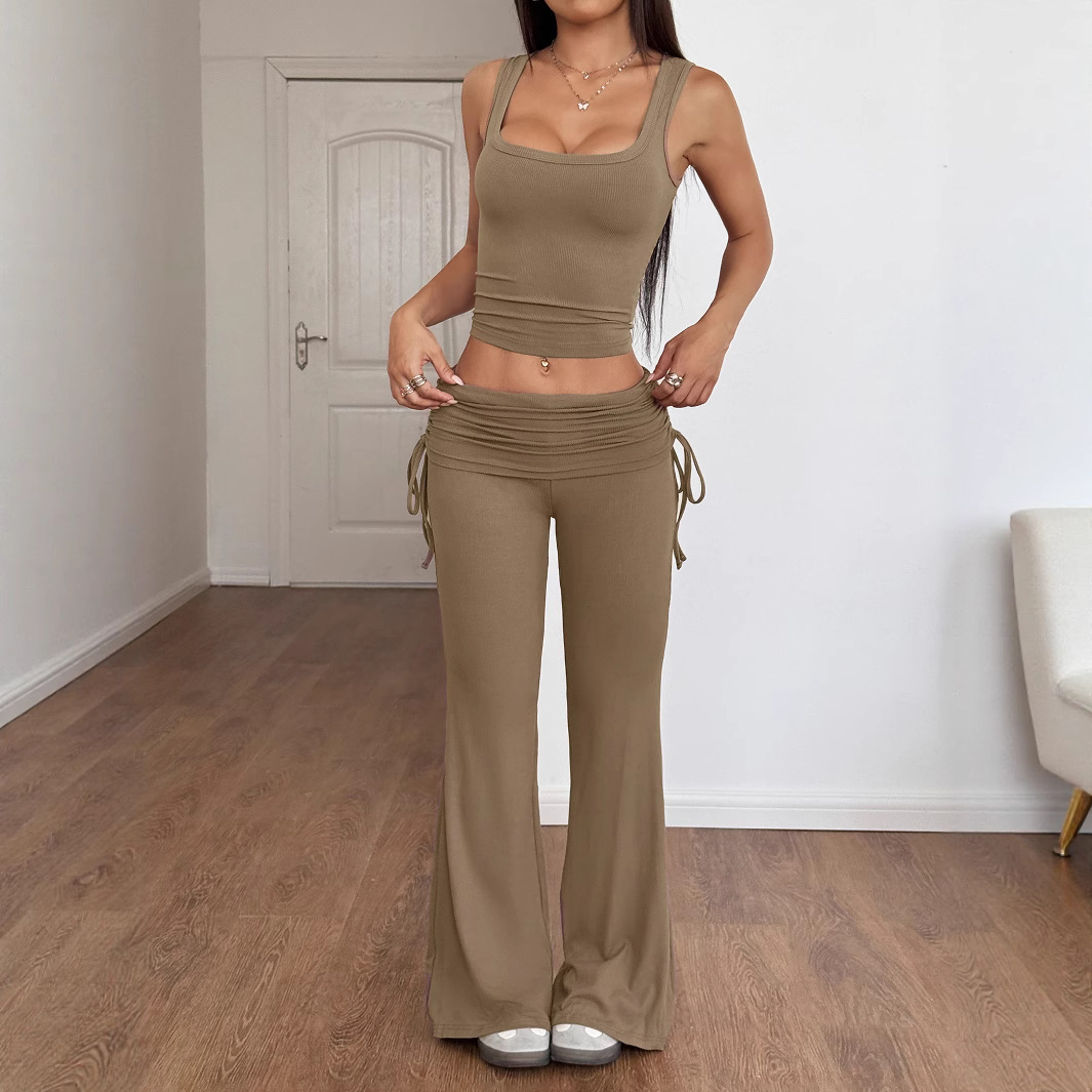 Y2K Solid Color Lace-Up Two-Piece Flared Pants Set Slim Commuter