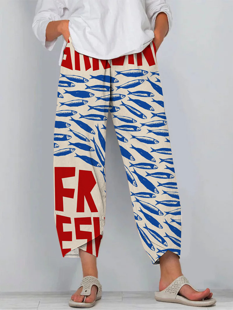 Women's Striped Fish Print Jogger Pants Casual Tapered-Leg