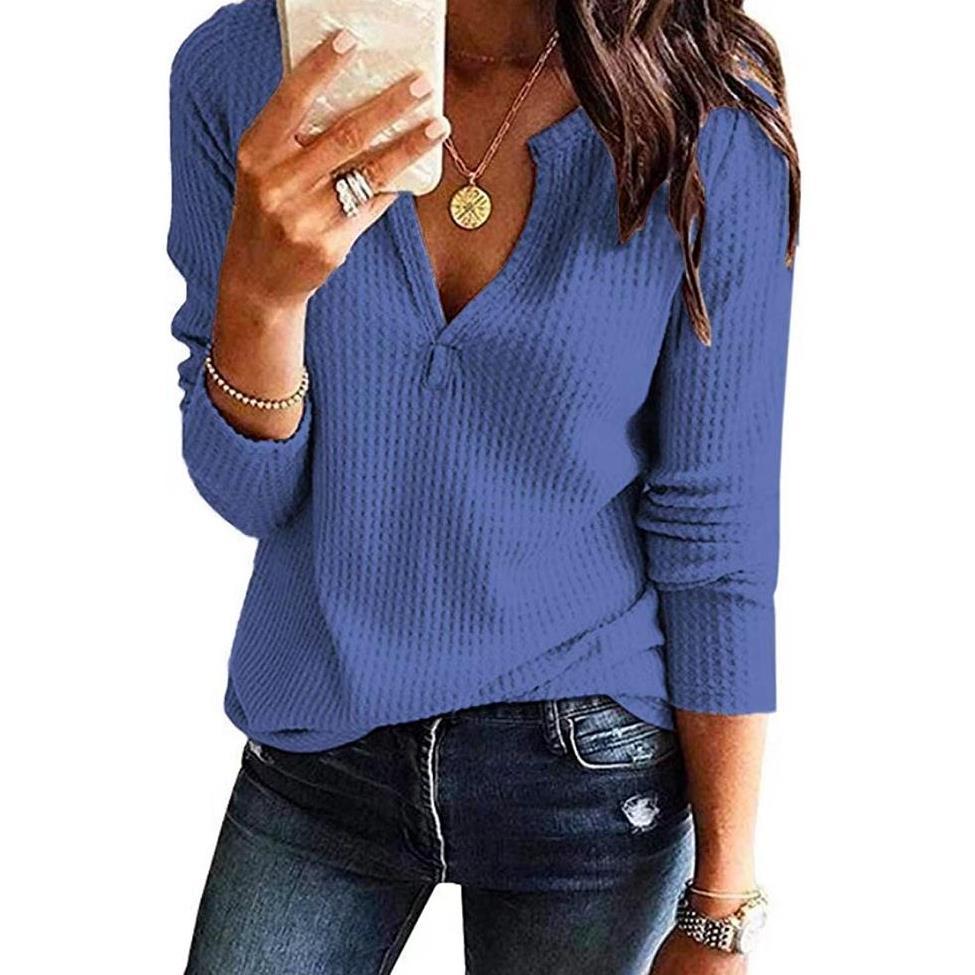 Women's Waffle Knit V-Neck Long Sleeve Top