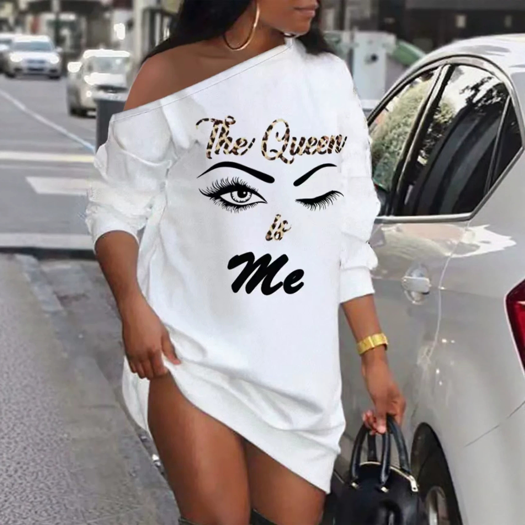 Women's Off-Shoulder Long-Sleeve Sweatshirt Dress with Letter Print