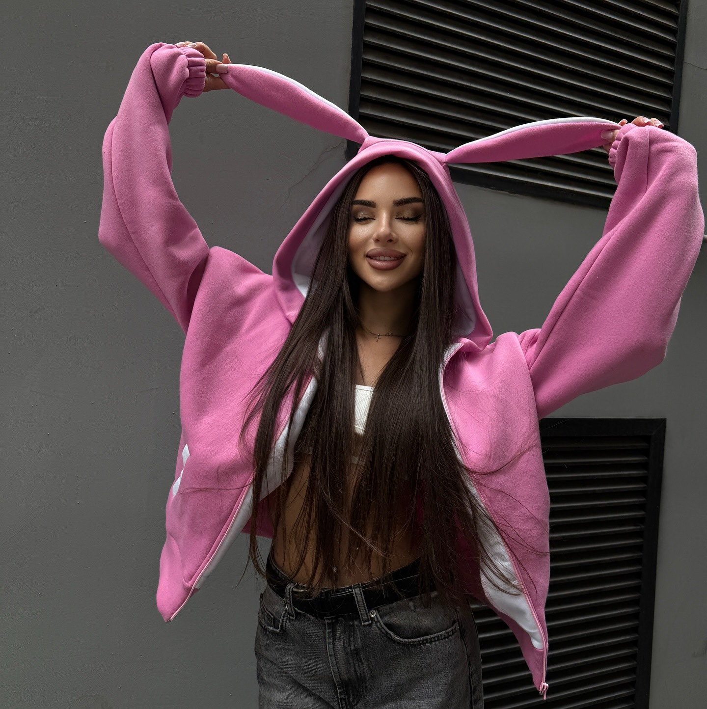 Colorblock Long-Sleeve Hooded Bunny Ear Zip Hoodie for Women