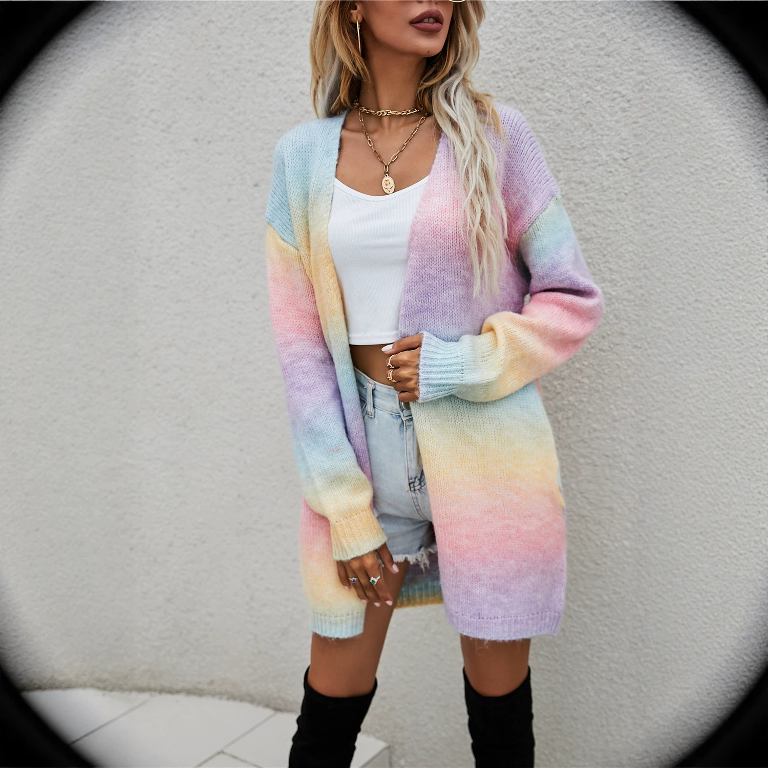 Rainbow Tie-Dye Long Sleeve Open Front Cardigan Sweater Coat Women