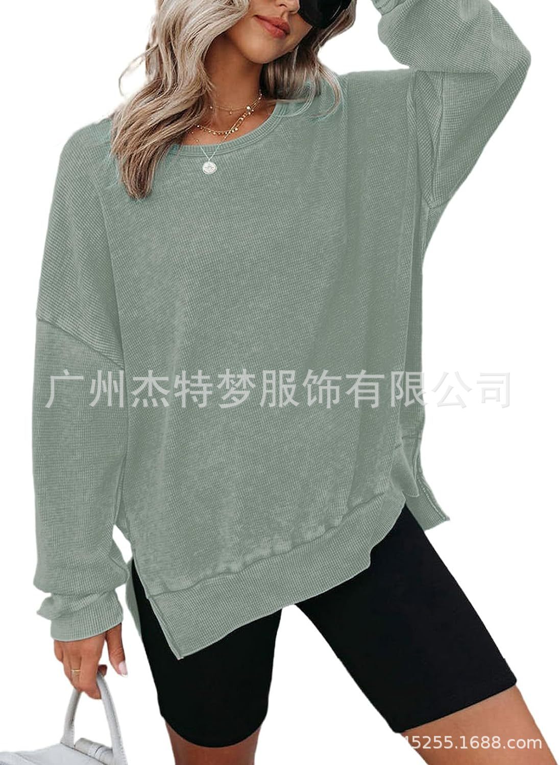Women's Waffle Knit Crewneck Long Sleeve Side Slit Pullover Top
