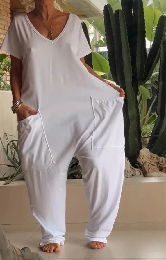 Relaxed Deep V-Neck Short Sleeve Wide-Leg Jumpsuit with Pockets
