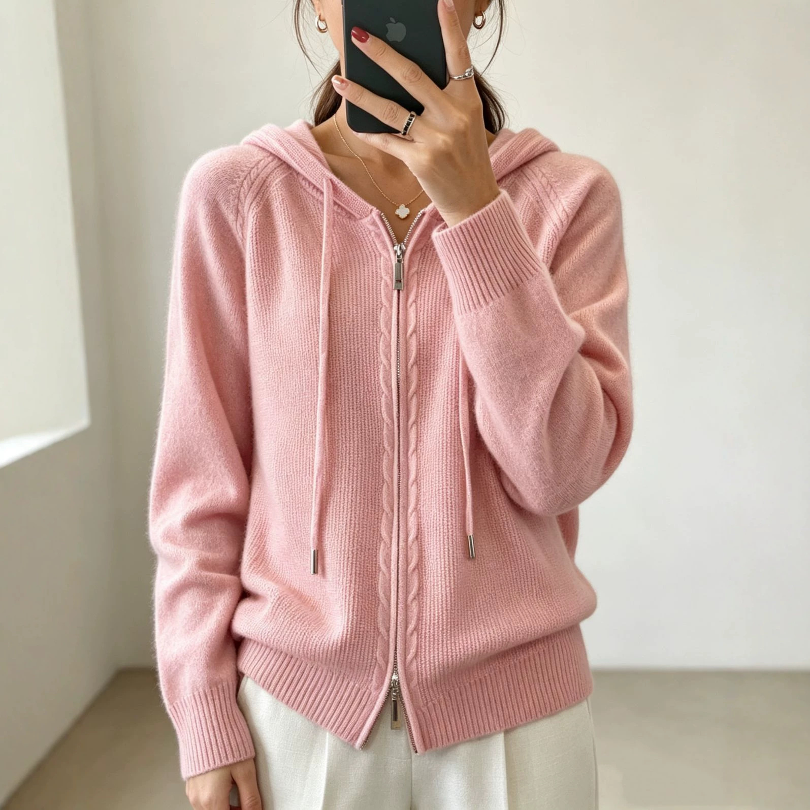 Women's Solid Hooded Faux Wool Cardigan Zip-Up Knit Sweater