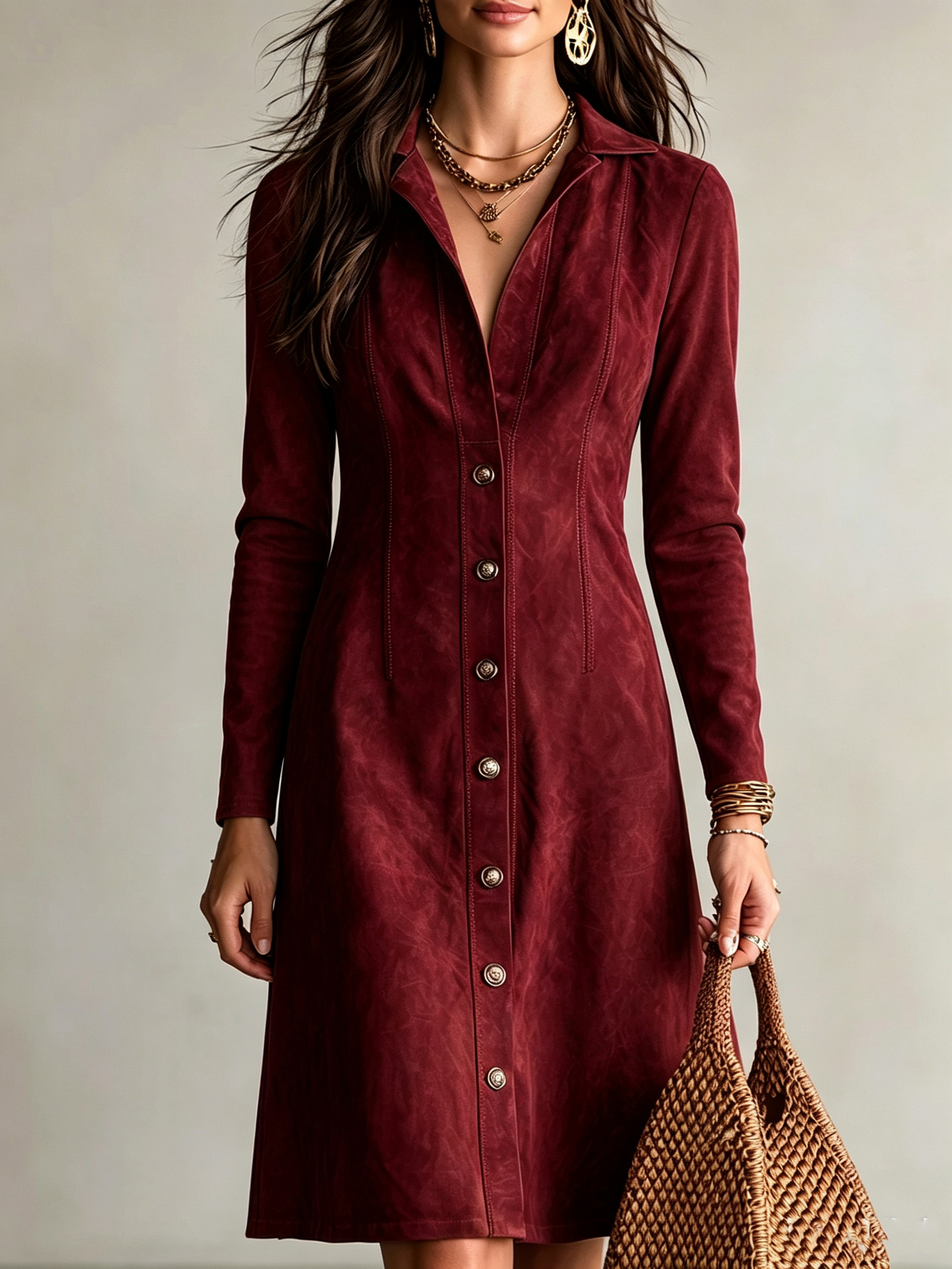Faux Suede Button-Front Slim Fit Long Sleeve Midi Dress