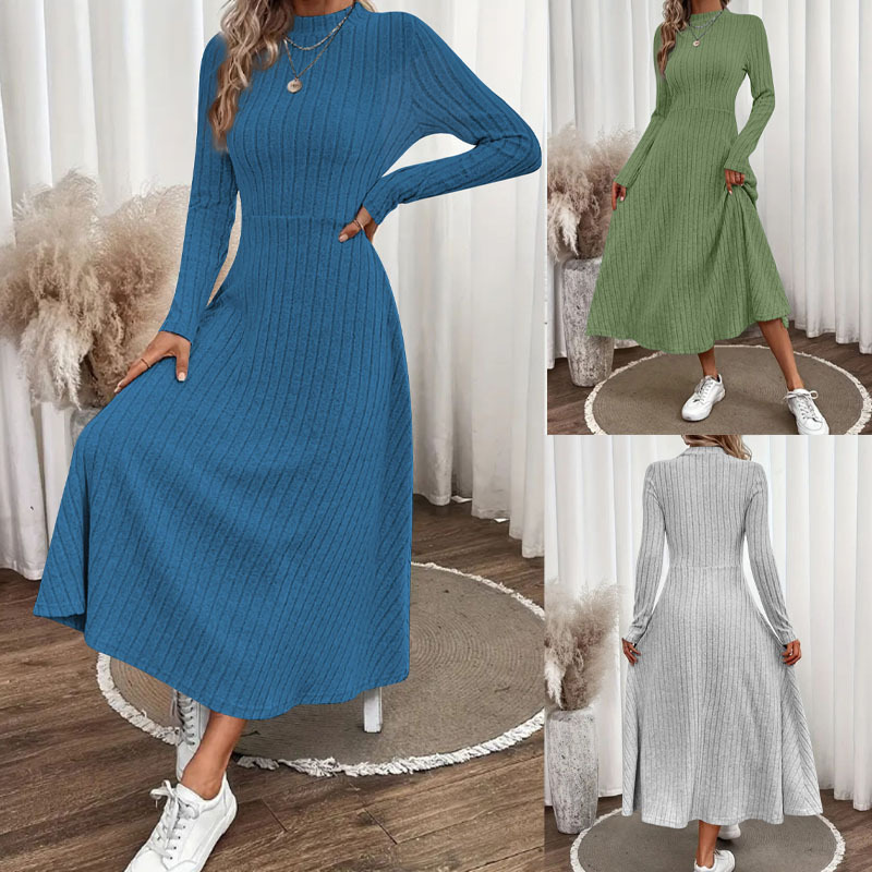 Women's Brushed Ribbed Knit Long Dress Solid Crew Neck A-Line