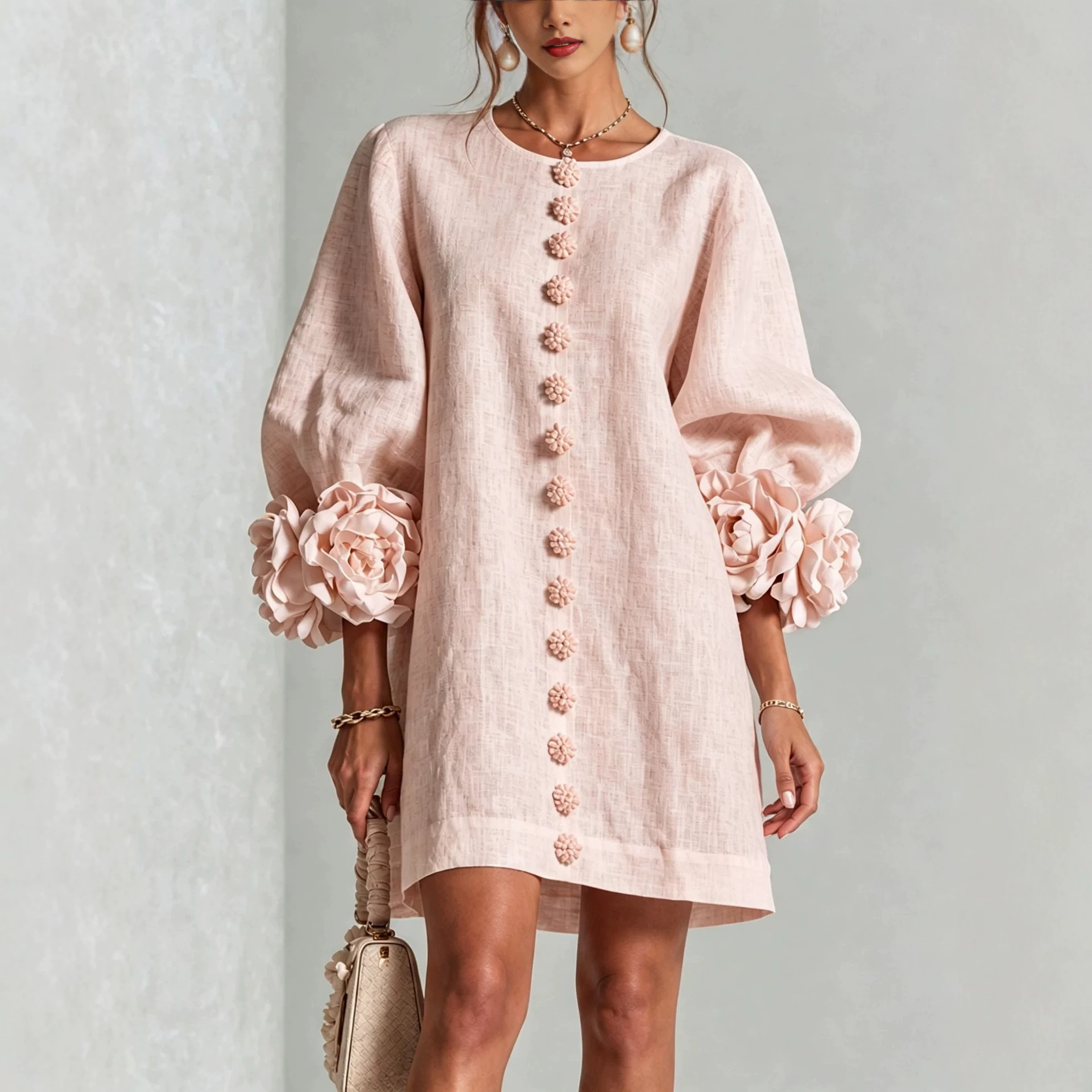 French 3D Floral Lantern Sleeve Cotton-Linen Dress Round Neck Button Front Loose Fit