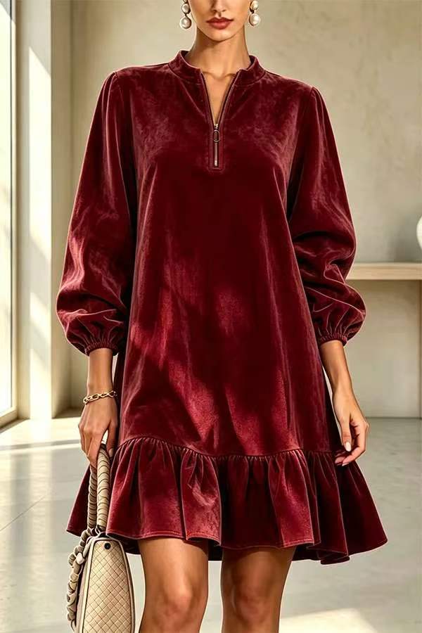 Faux Suede Dress with Lantern Sleeves and Ruffle Half-Zip Stand Collar
