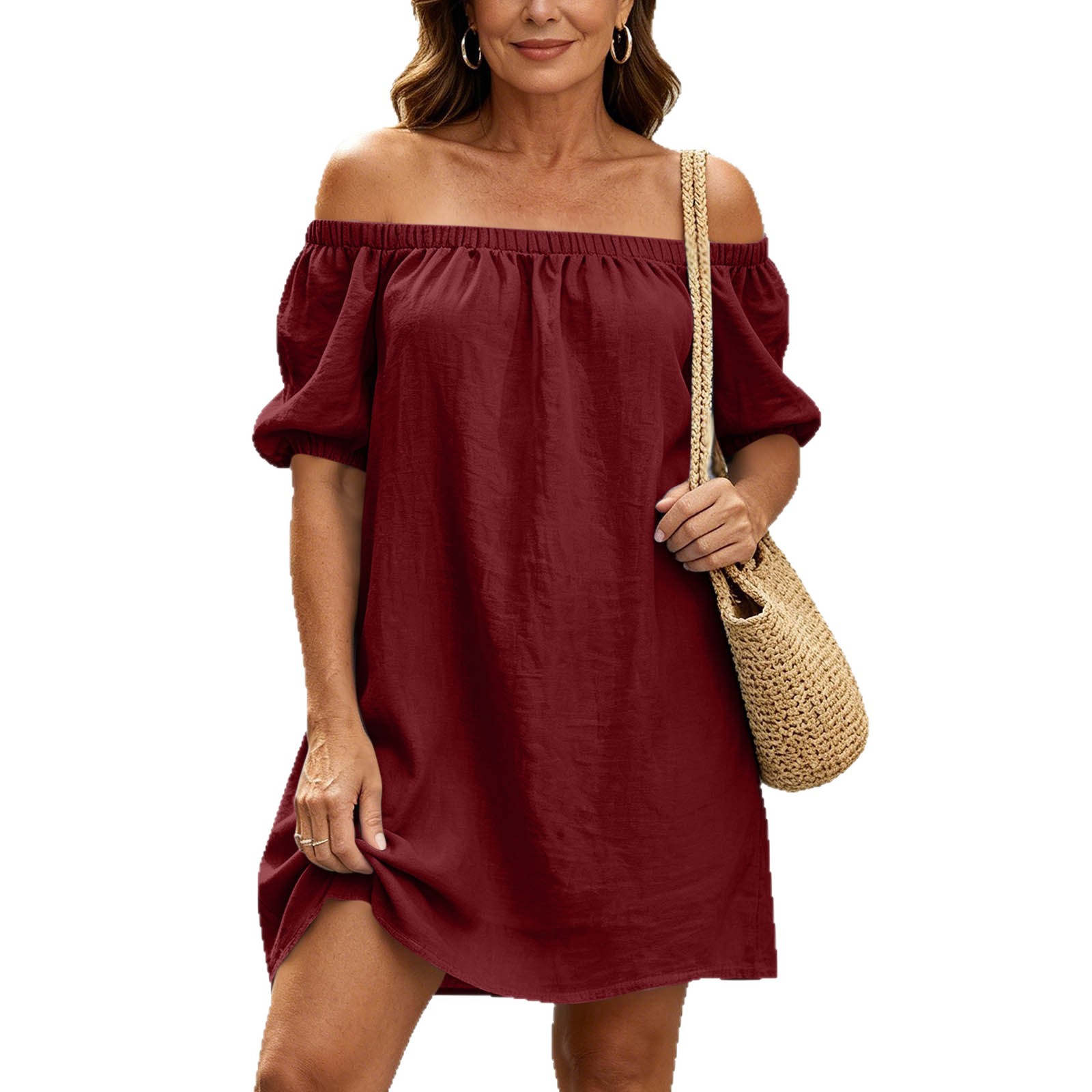 Women's Off-Shoulder Cotton-Linen Dress Solid Color Loose Fit
