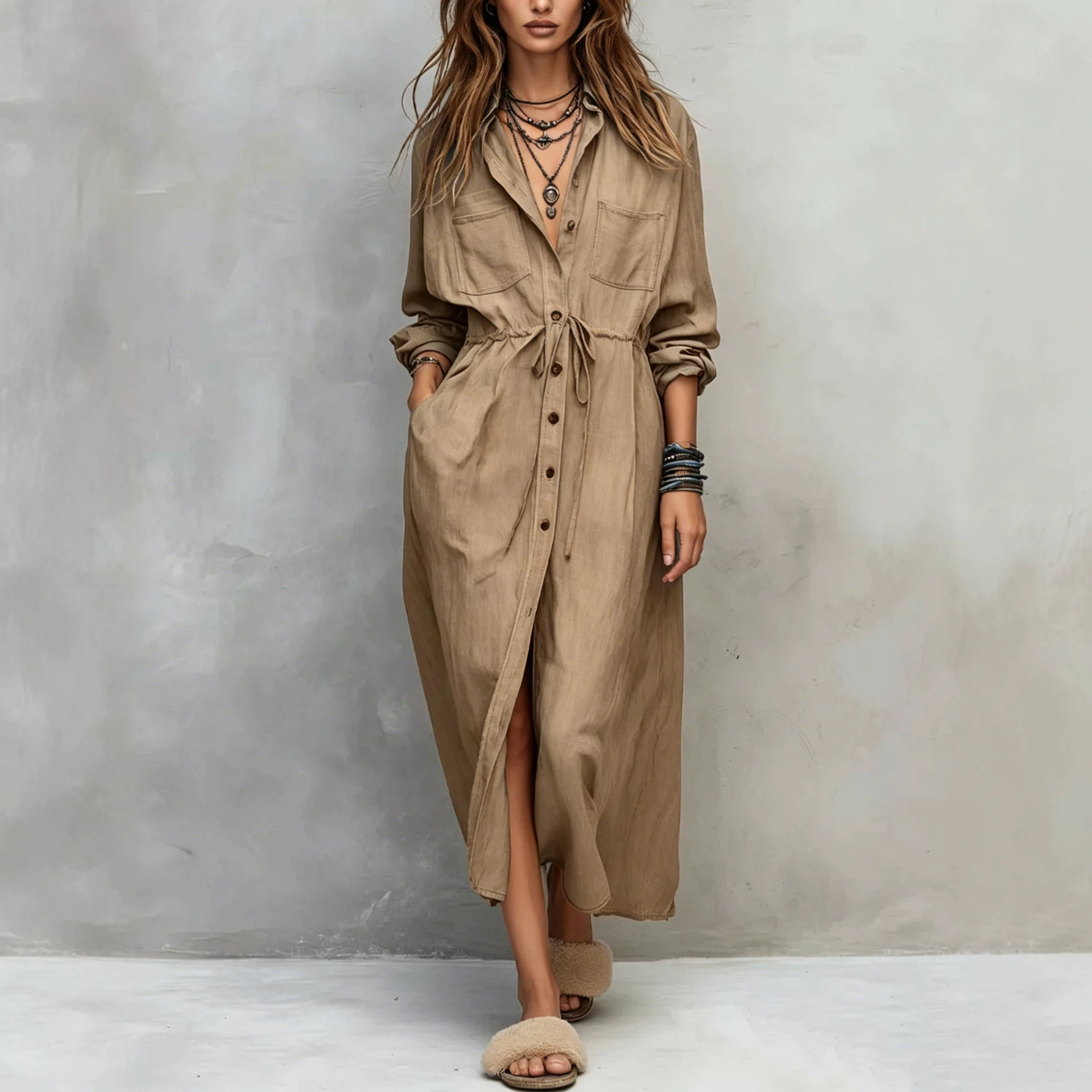 Women's Drawstring Waist Shirt Dress Loose Fit Midi A-Line