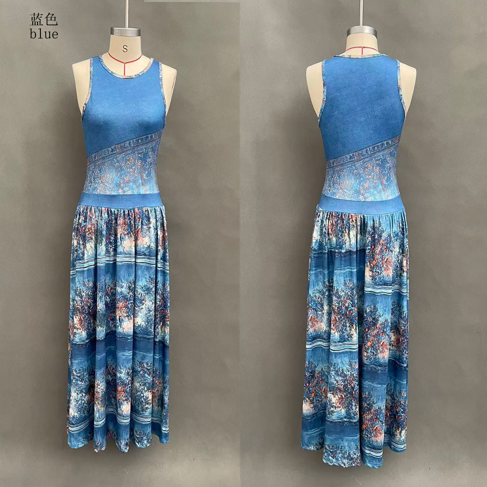 Digital Print Sleeveless A-Line Midi Dress with Round Neck
