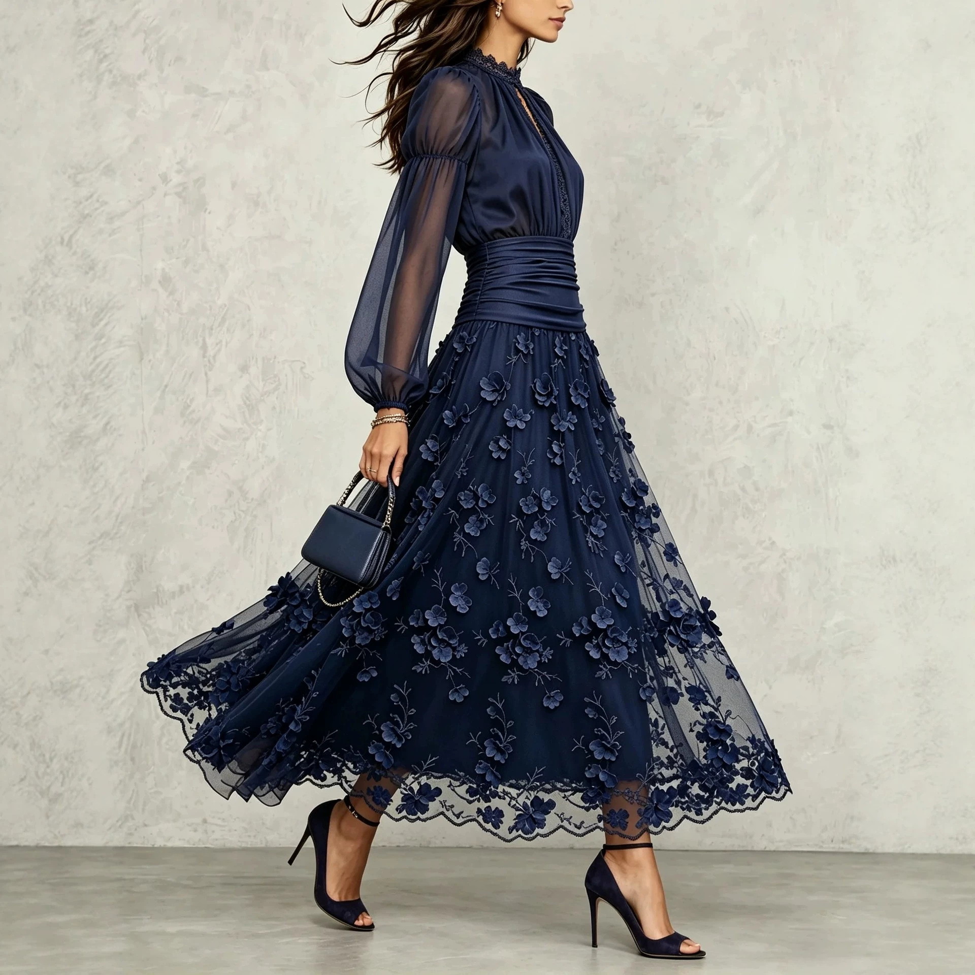 Navy Blue Mesh 3D Floral Long Dress with Stand Collar and Puff Sleeves