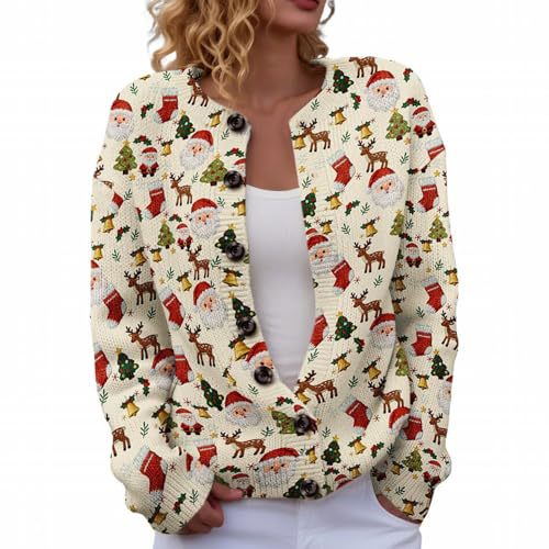 Women's Christmas Snowman Tree Print Button Cardigan