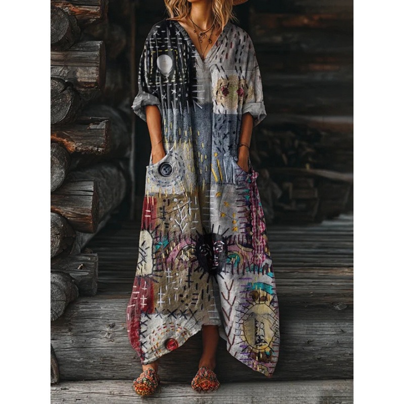 Women's Floral Ripple Print V-Neck A-Line Midi Dress Long Sleeve