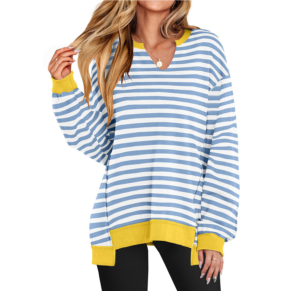 Colorful Striped V-Neck Loose Sweatshirt for Women
