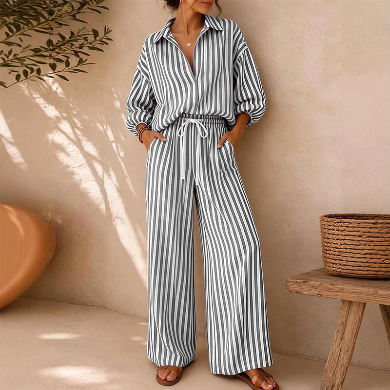 Striped Top & Solid Wide-Leg Pants Two-Piece Set