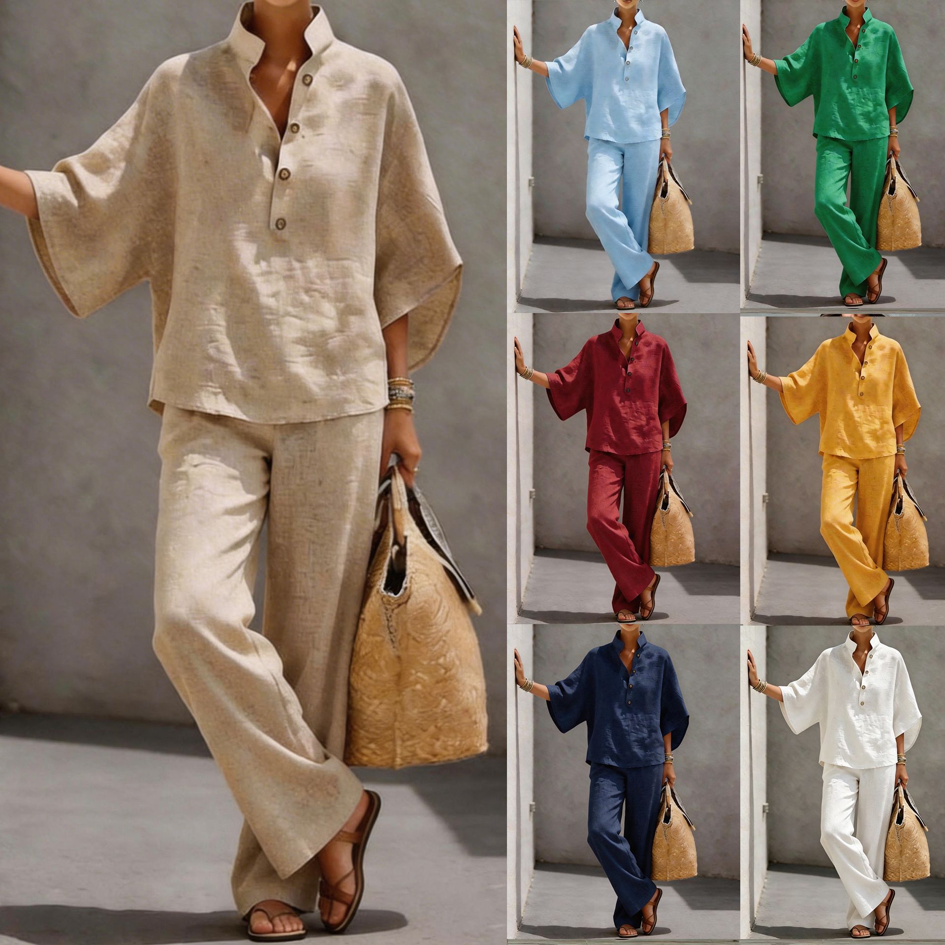 Women's Cotton-Linen Shirt and Pants Two-Piece Set
