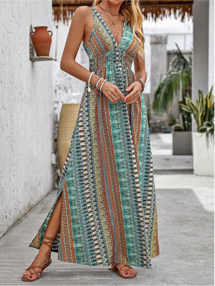 Women's Deep V-Neck Floral Print Sleeveless High-Waist Maxi Dress