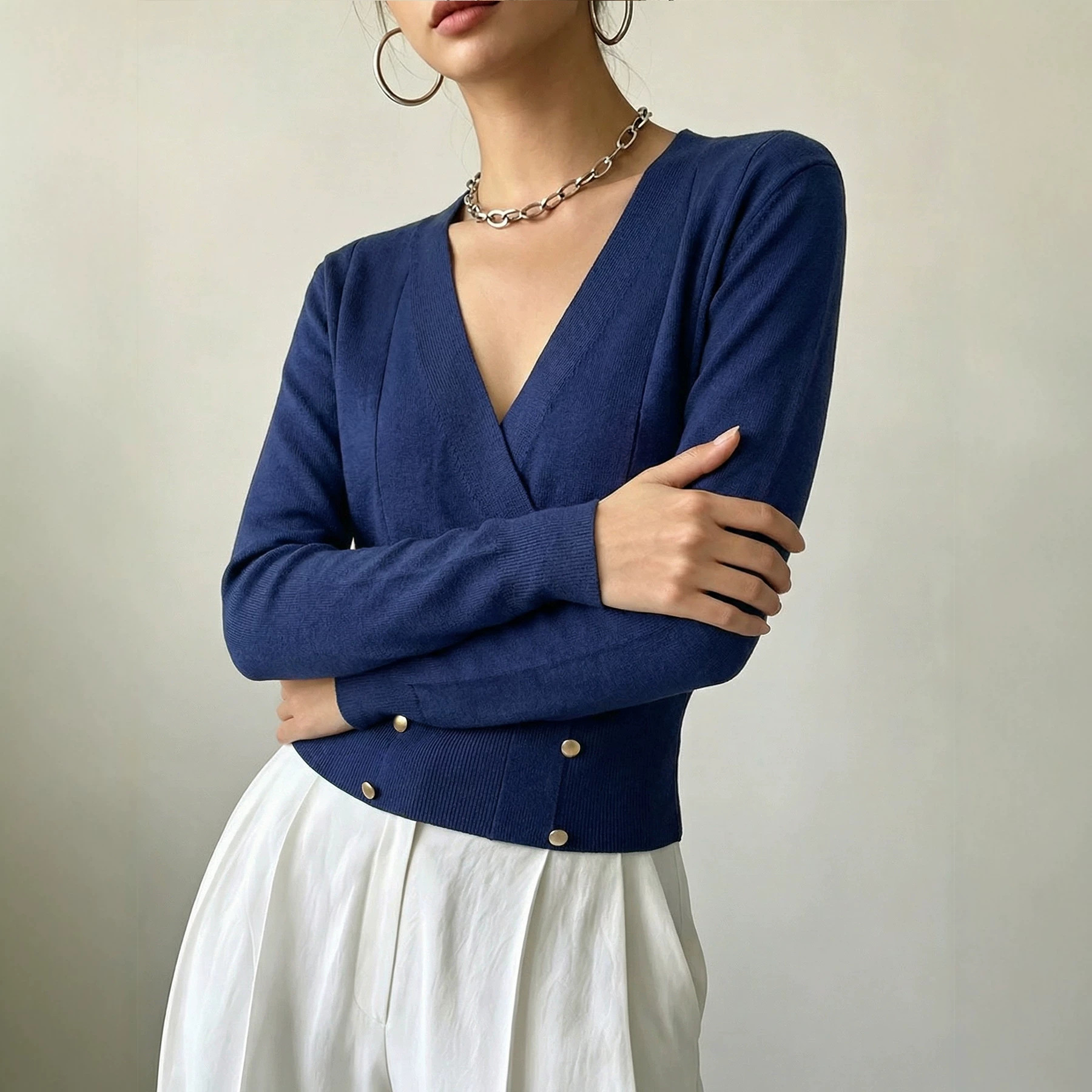 Women's Long Sleeve Knit Top with Metal Button Cross V-Neck Slim Fit