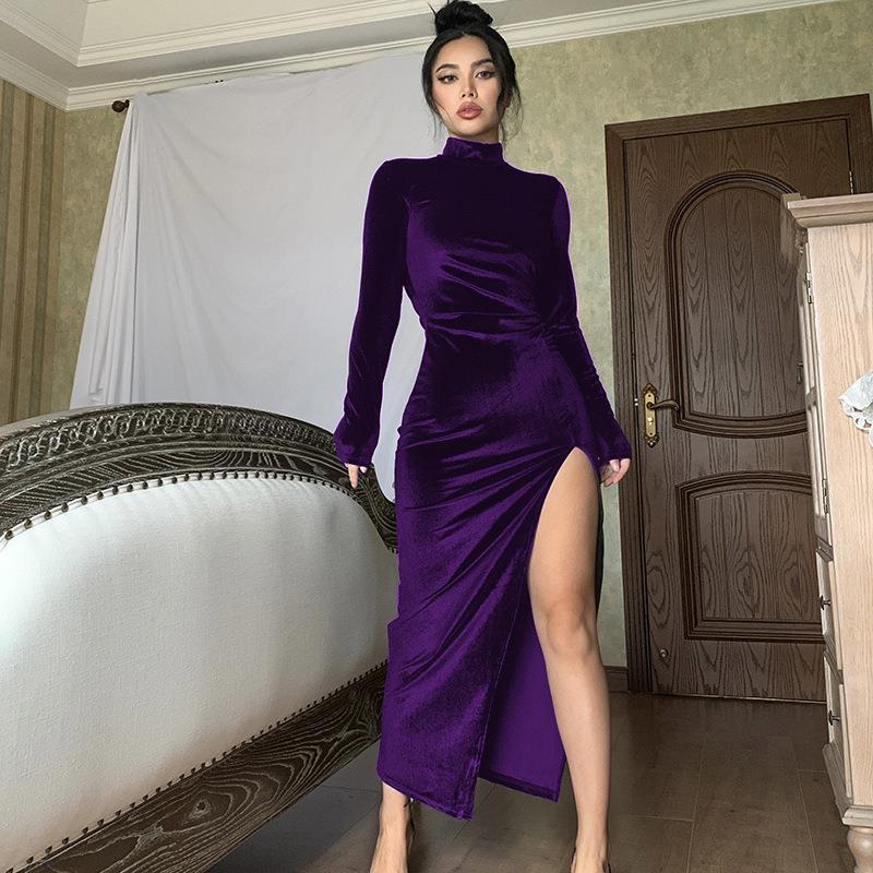 Women's High Neck Long Velvet Dress Slim Fit Ruched Slit