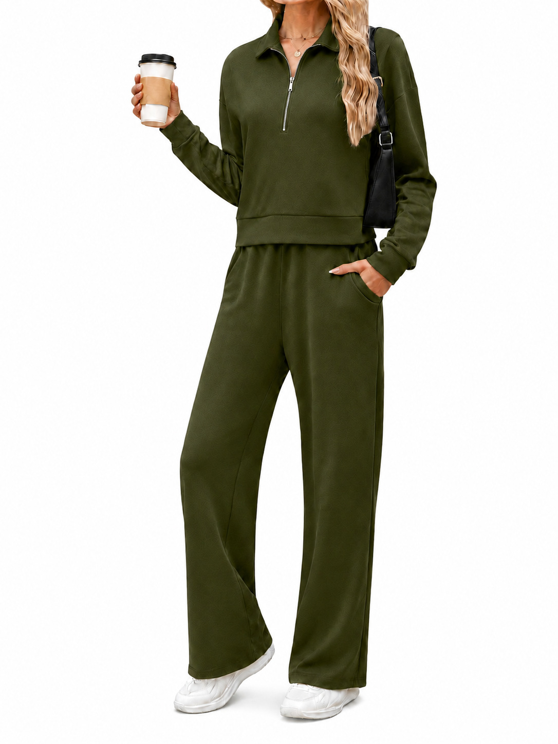 Women's Half-Zip Collared Sweatshirt & Wide-Leg Pants Set Casual Two-Piece