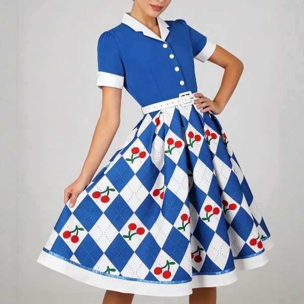 Women's Vintage Fruit Print Short Sleeve A-Line Dress with Belt