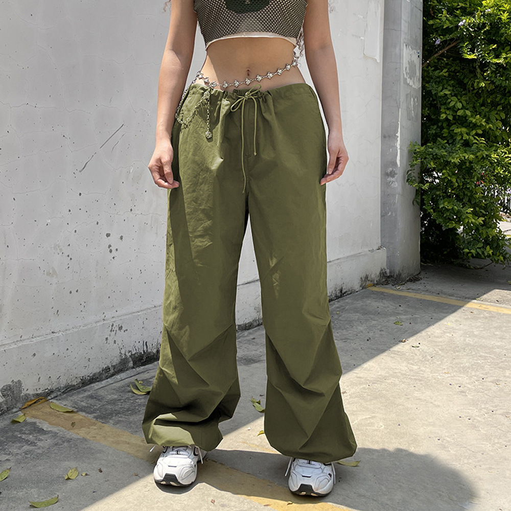 Women's Low-Rise Wide-Leg Cargo Pants with Drawstring