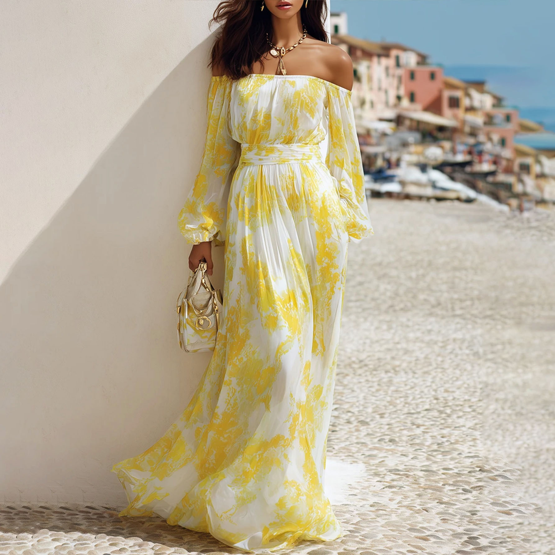 Women's Off-Shoulder Floral Print Maxi Dress with Puff Sleeves
