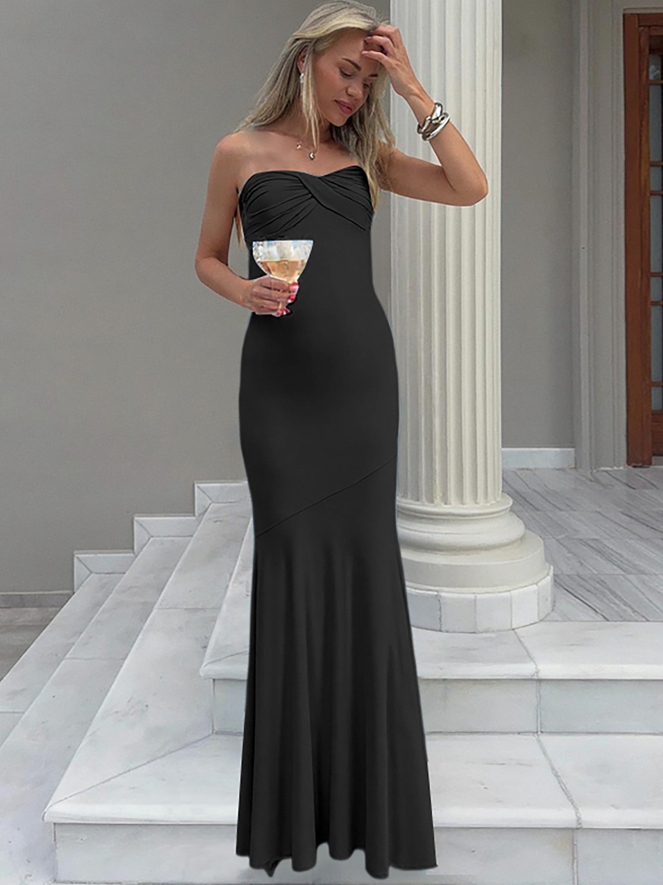 Women's Sexy Open-Back Ruched Tube Long Dress