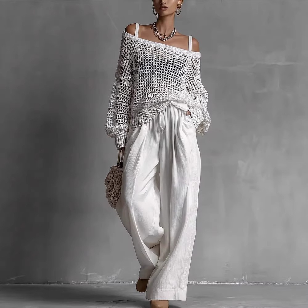 Women's Open-Knit Top & Cotton-Linen Pants Two-Piece Set